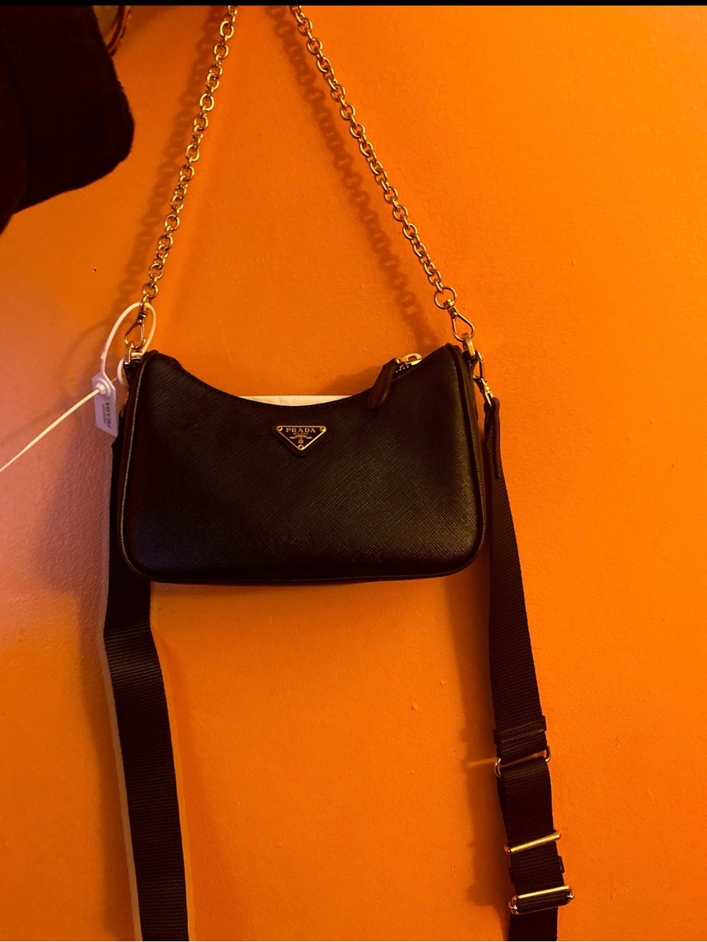 Prada Black Saffiano Leather Mini Shoulder Bag with removable Gold Chain - Picture 2 of 9